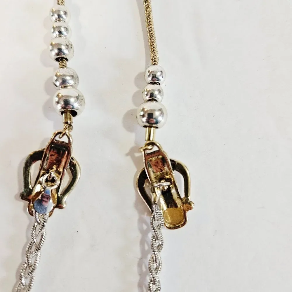 Vintage Etienne Aigner Buckle Detail Long Silver Gold Tone Statement Necklace